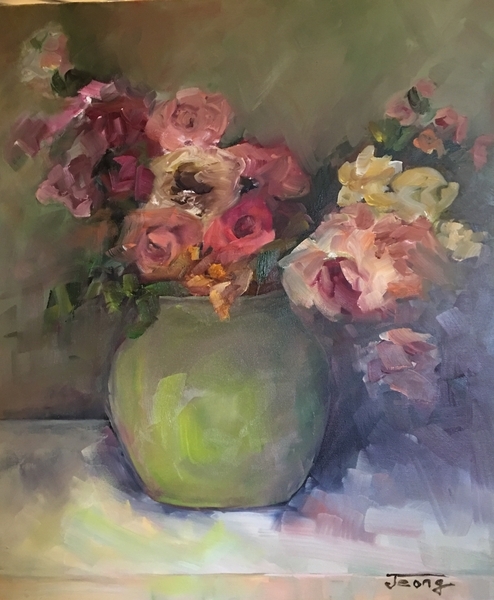 Multi Color Roses in Green Vase