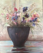 Pink and Purple Flowers in Wooden Vase