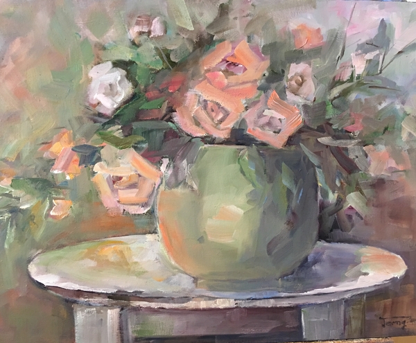 Pink Roses in Green Vase