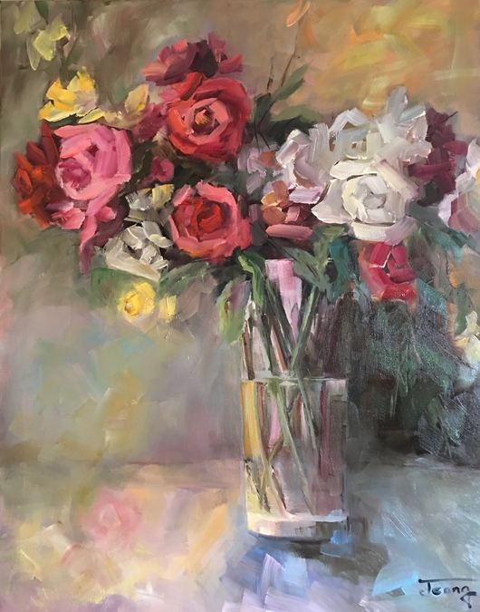 Red, White, and Yellow Roses in Tall Glass